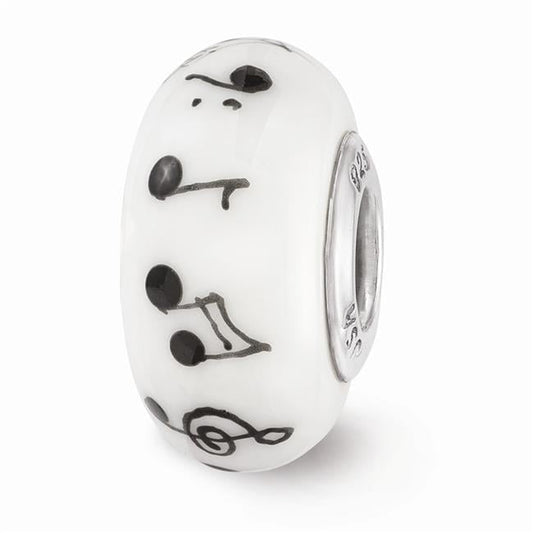 Reflection Beads QRS3629 Sterling Silver Reflections White Hand Painted Music Notes Fenton Glass Bead