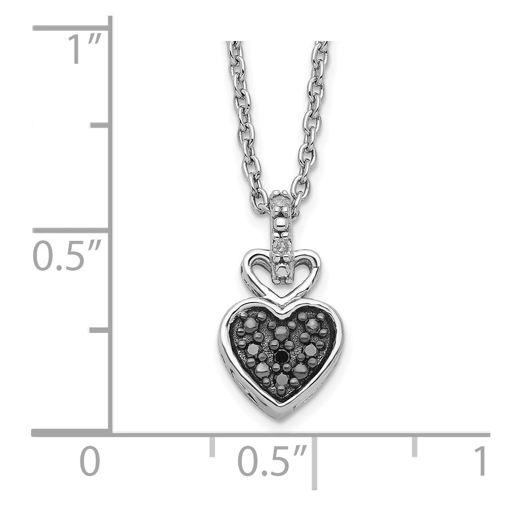 White Night Sterling Silver Rhodium-plated White and Black Diamond Heart 18 Inch Necklace with 2 Inch Extender 18 Inches