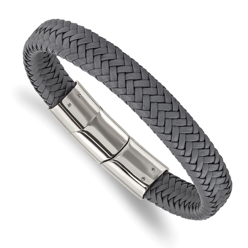 Stainless Steel Polished Grey Woven Leather 8in w/.5in ext Bracelet 8 inches
