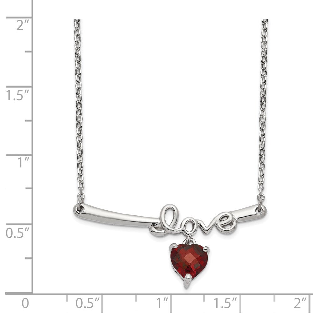 Sterling Silver Rhod-plat Heart Garnet Love w/2.25in ext. Necklace 18 Inches