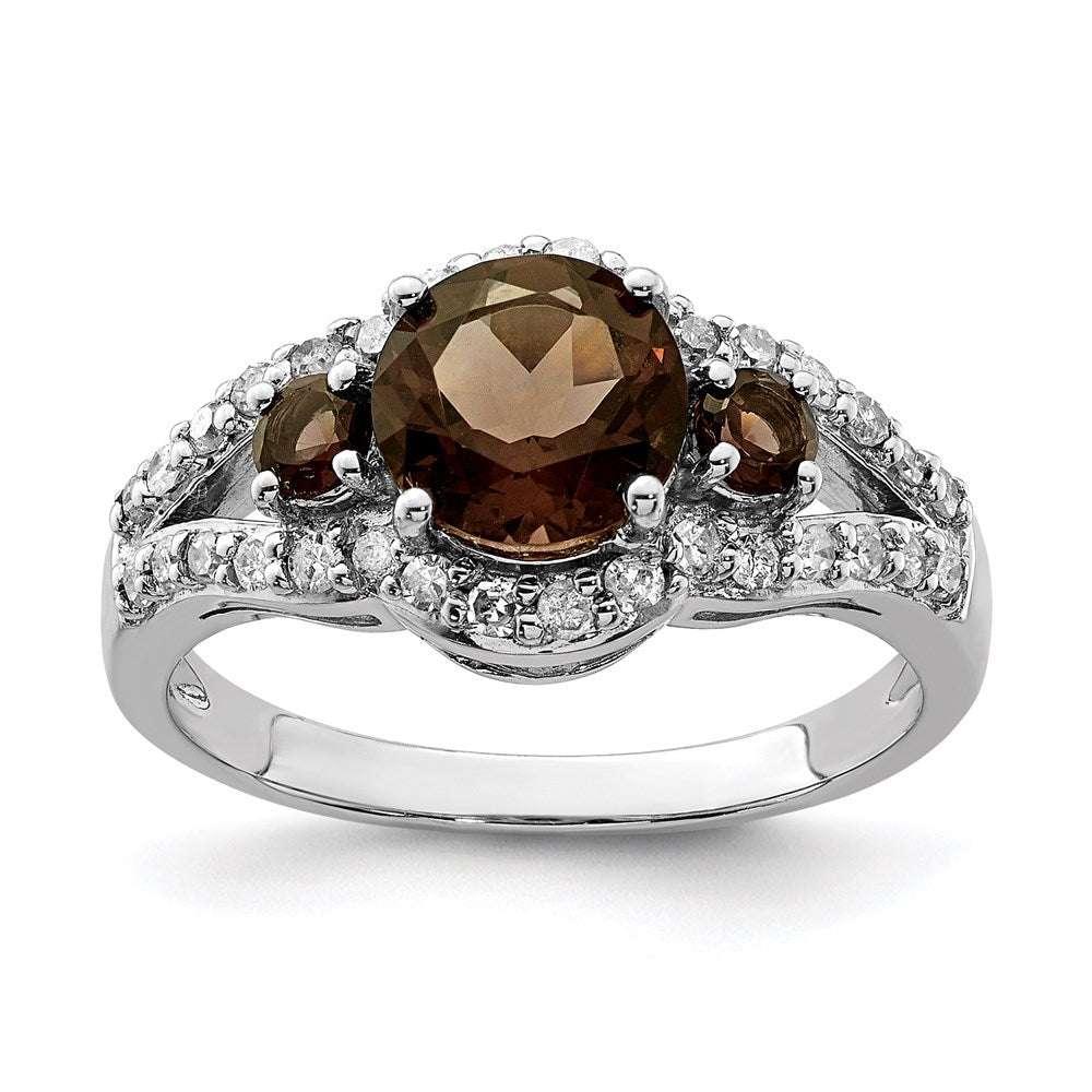 Sterling Silver Rhodium Diam. & Smoky Quartz Ring