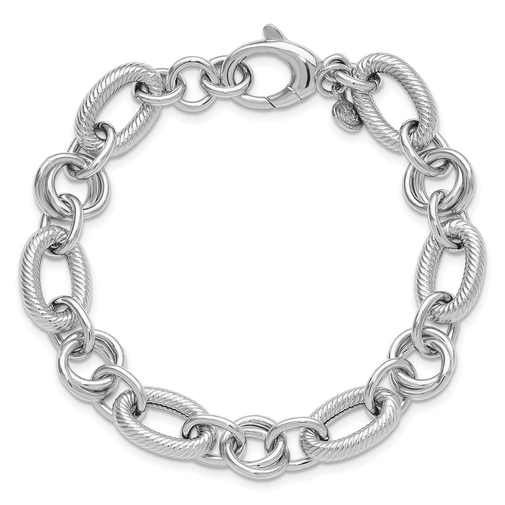 SS RH-plated Polished/Textured Fancy Link w/.25in ext. Bracelet 7.75  inches