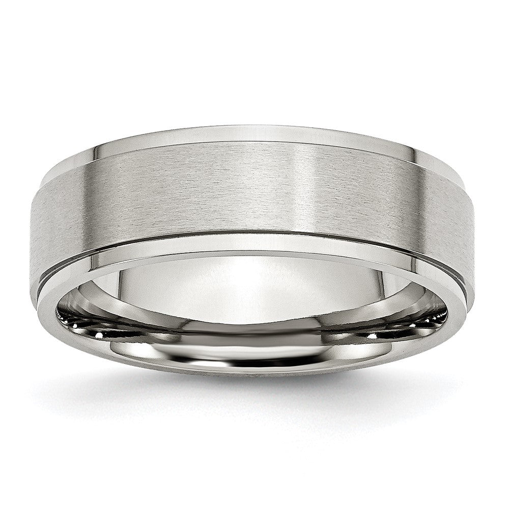 Stainless Steel Polished w/Brushed Center 7mm Ridged Edge Band Size - 7.5