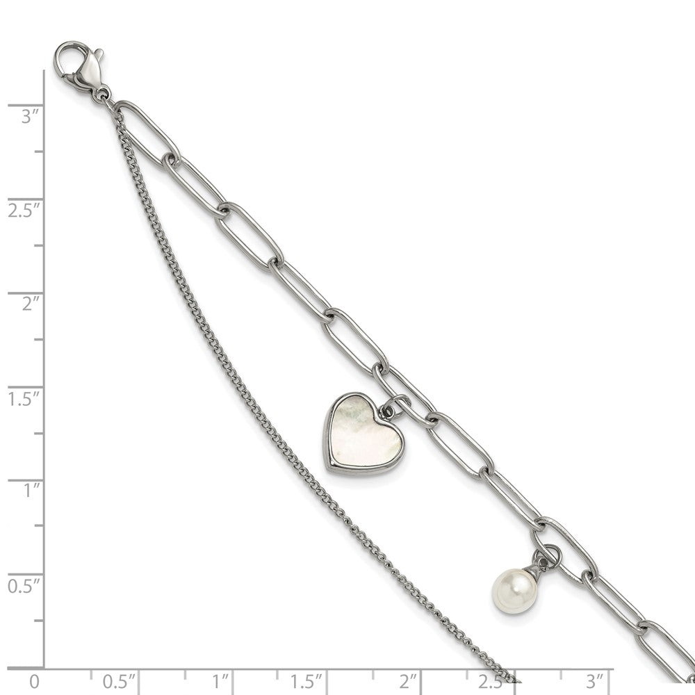 Chisel Stainless Steel Polished Mother of Pearl Heart and Simulated Pearl 6.5 inch Plus a 2 inch Extension Bracelet 6.5 inches