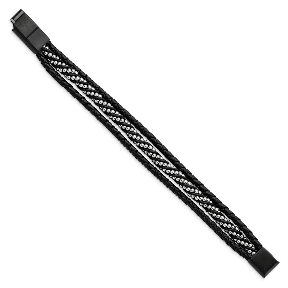 Stainless Steel Brushed & Polished Black IP Leather 8in w/.5in ext Bracelet