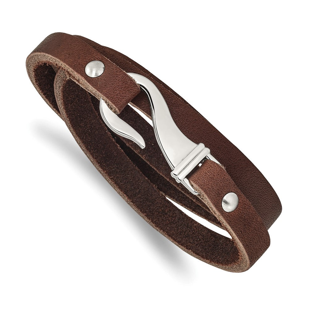 Stainless Steel Brown Leather Wrap Bracelet 24 inches