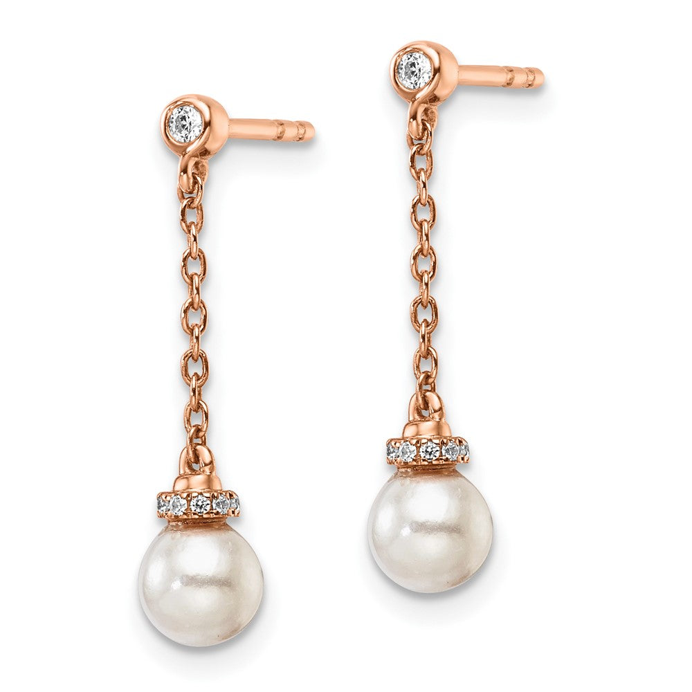 14K Rose Gold Polished 1/10 Carat Diamond & White Freshwater Cultured Pearl Chain Dangle Post Earrings