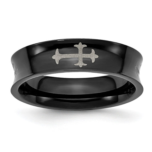 Stainless Steel Polished Black IP-plated Cross 6mm Concave Band Size - 11.5