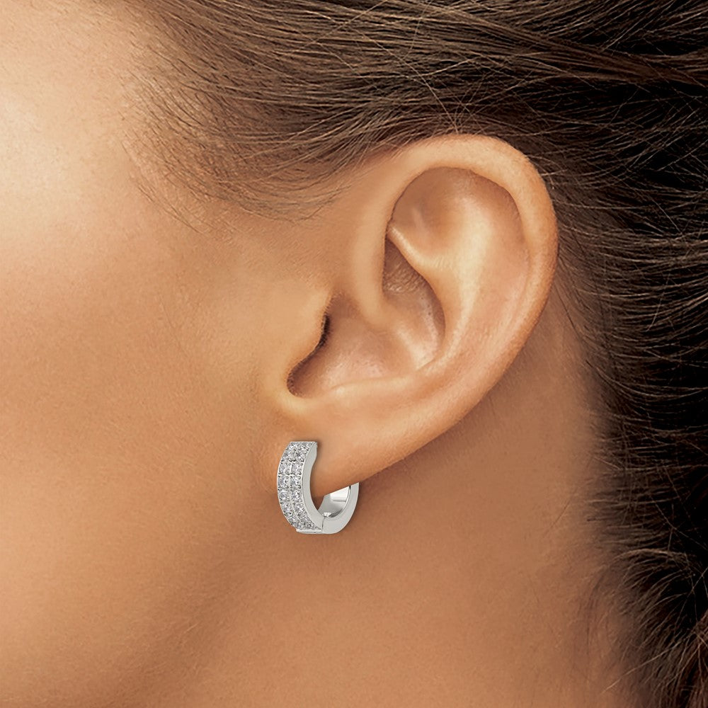 Stainless Steel Polished with 2 Rows of CZ 2.3mm Hinged Hoop Earrings