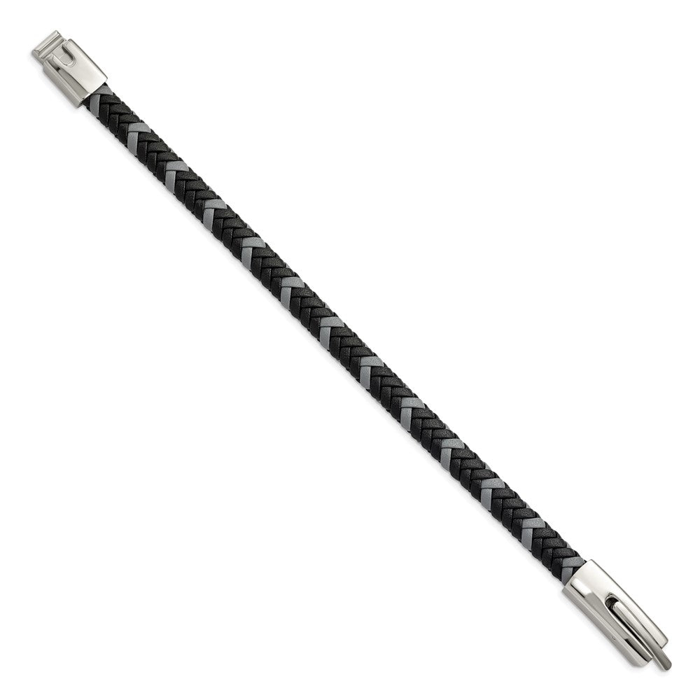 Stainless Steel Polished Black and Grey Braided Leather 8in Bracelet 8 inches