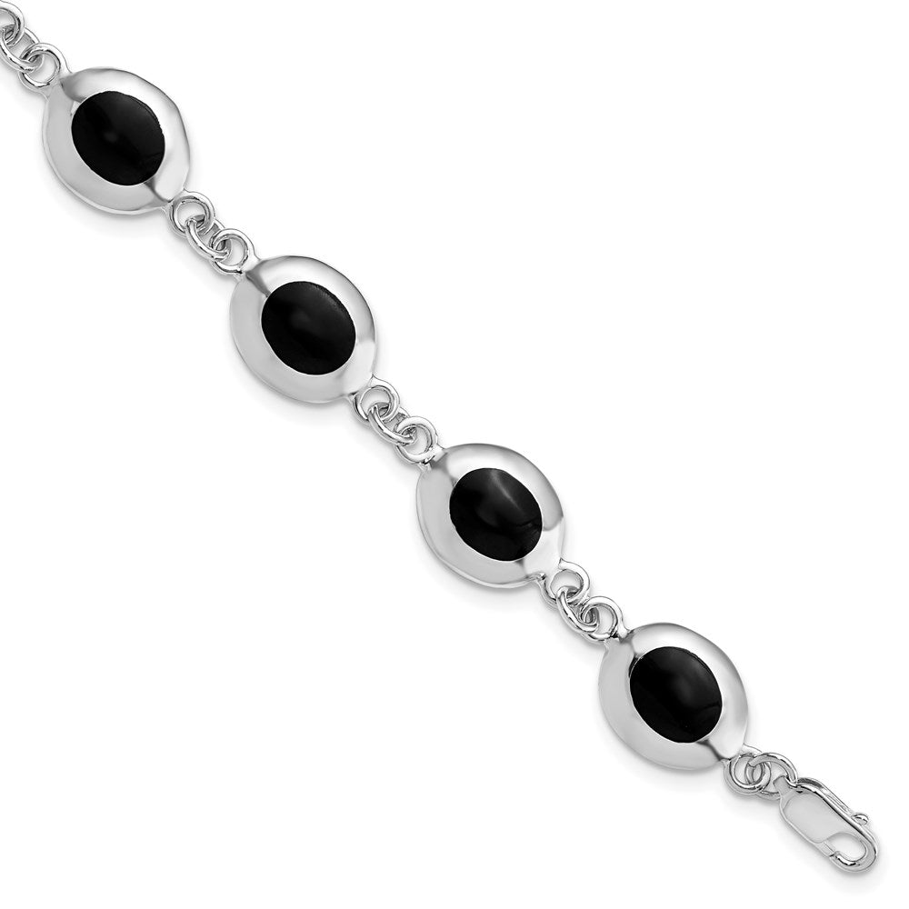 Sterling Silver Rhodium-plated Fancy Polished Onyx Bracelet 7 inches