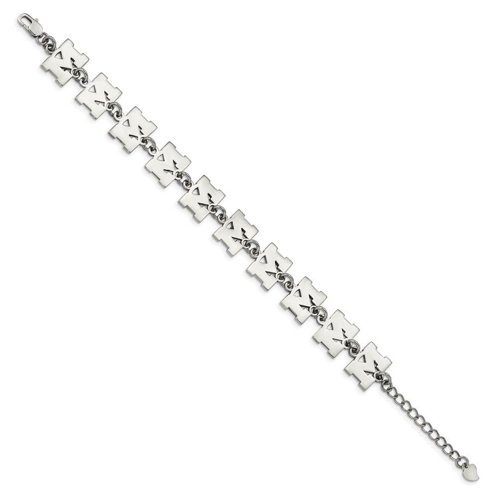 Stainless Steel LogoArt University of Michigan Letter M Link 6.5 inch Bracelet with 1.5 inch Extender QST515UM