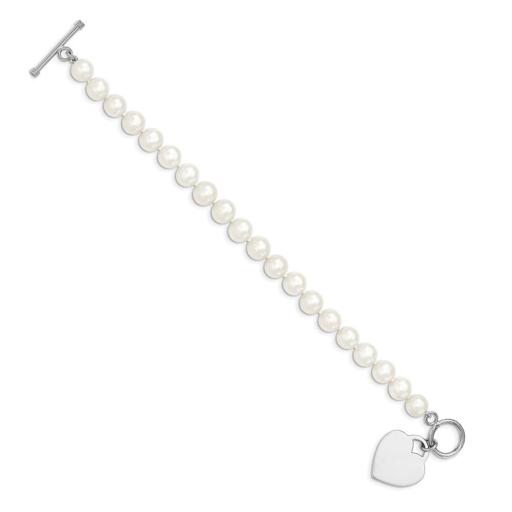 Sterling Silver Rhodium-plated 8-9mm White Near-Round Freshwater Cultured Pearl Heart Toggle 7.5 inch Bracelet 7.5 inches