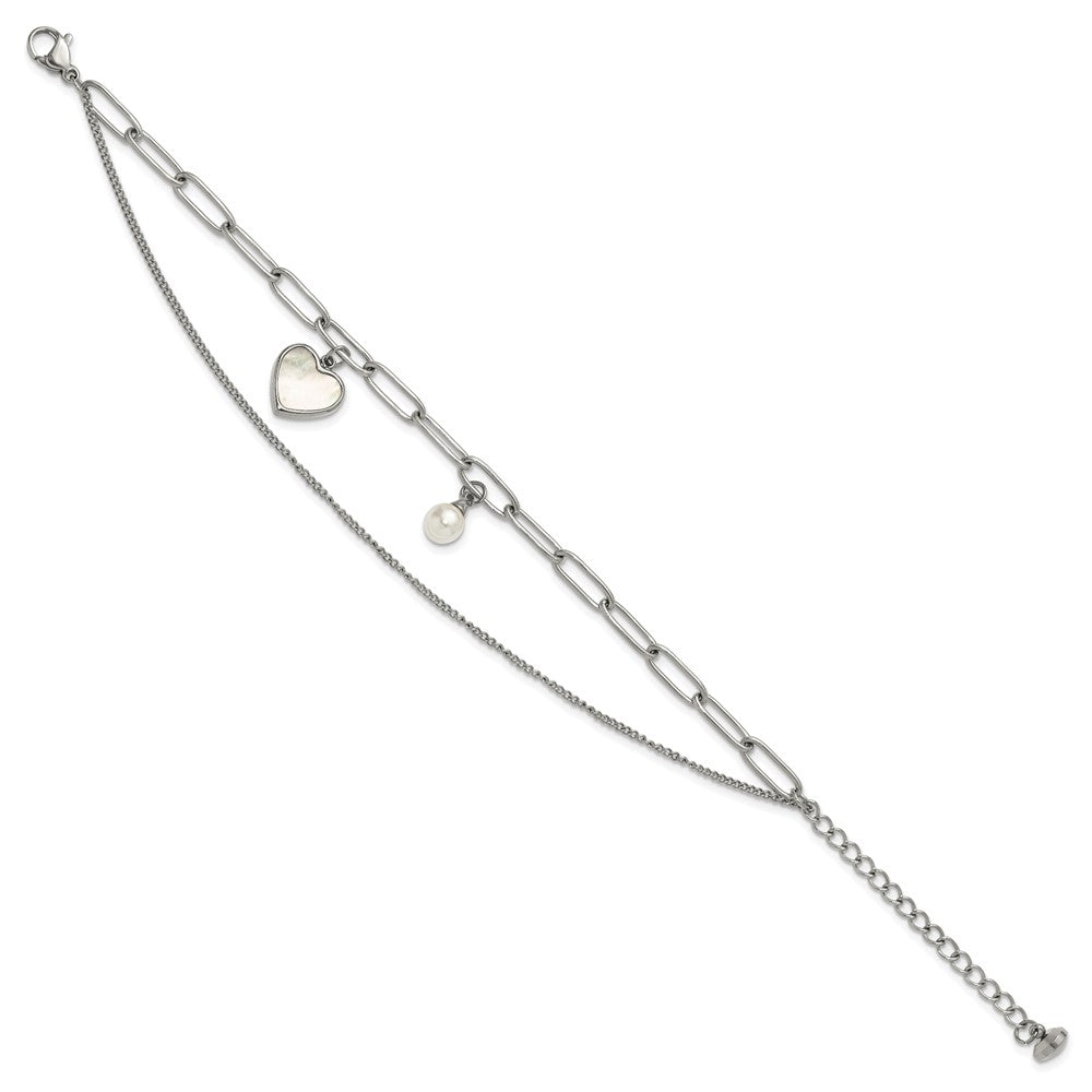 Chisel Stainless Steel Polished Mother of Pearl Heart and Simulated Pearl 6.5 inch Plus a 2 inch Extension Bracelet 6.5 inches
