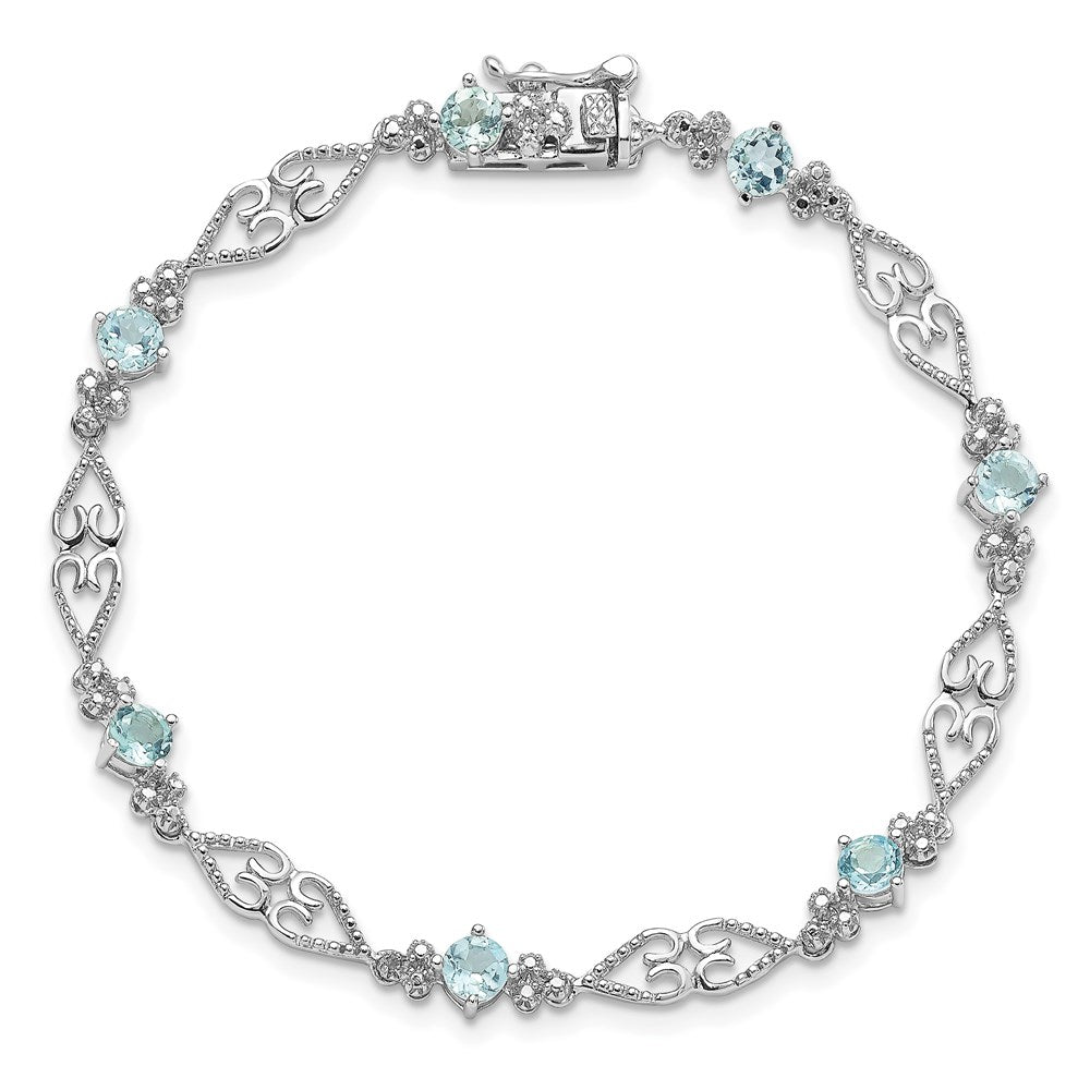 Sterling Silver Rhodium-plated Diamond Aquamarine Bracelet 7 inches