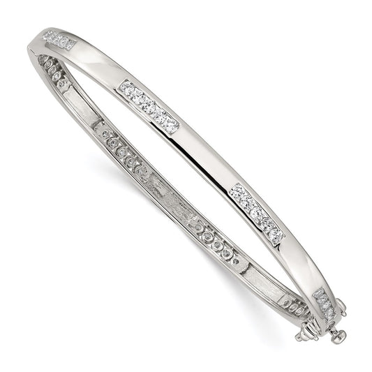 Sterling Silver Rhodium-plated Clear CZ Oval Hinged Bangle Bracelet 8 inches