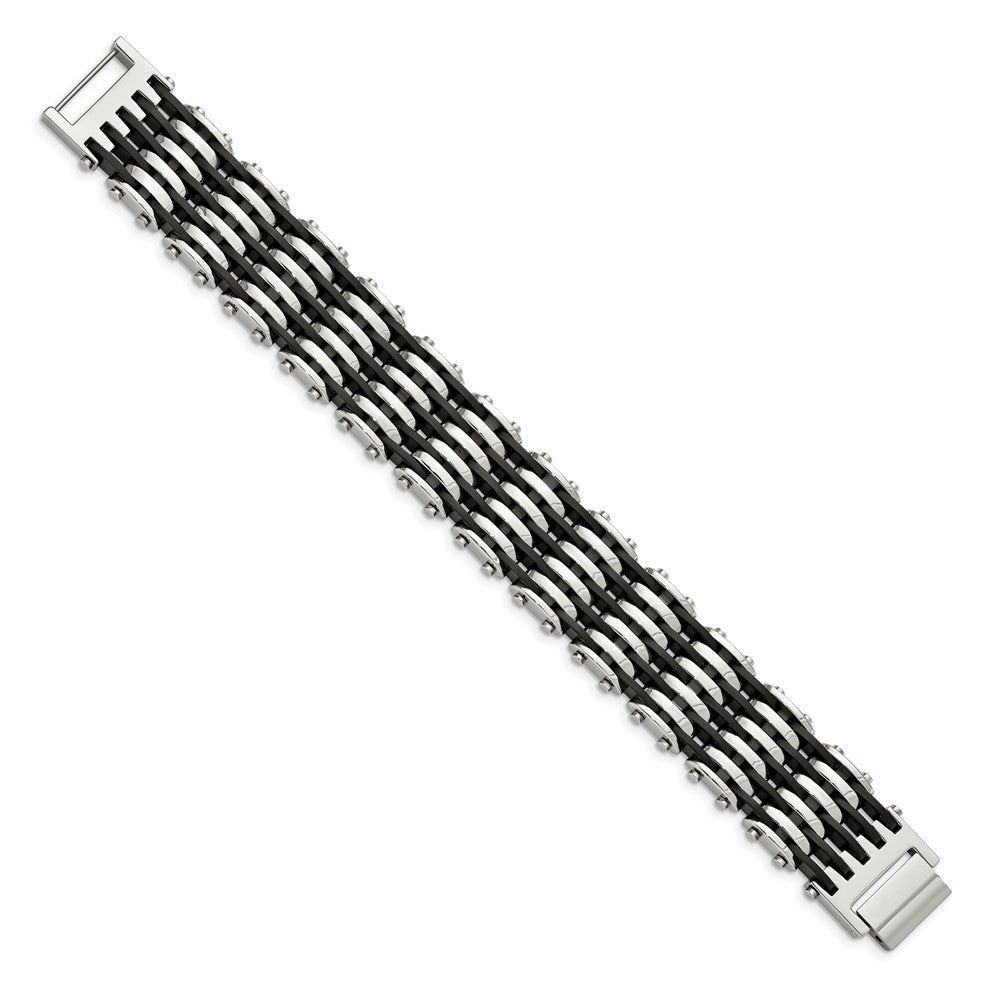 Stainless Steel Polished with Black Rubber 8.5in Bracelet 8.75 inches