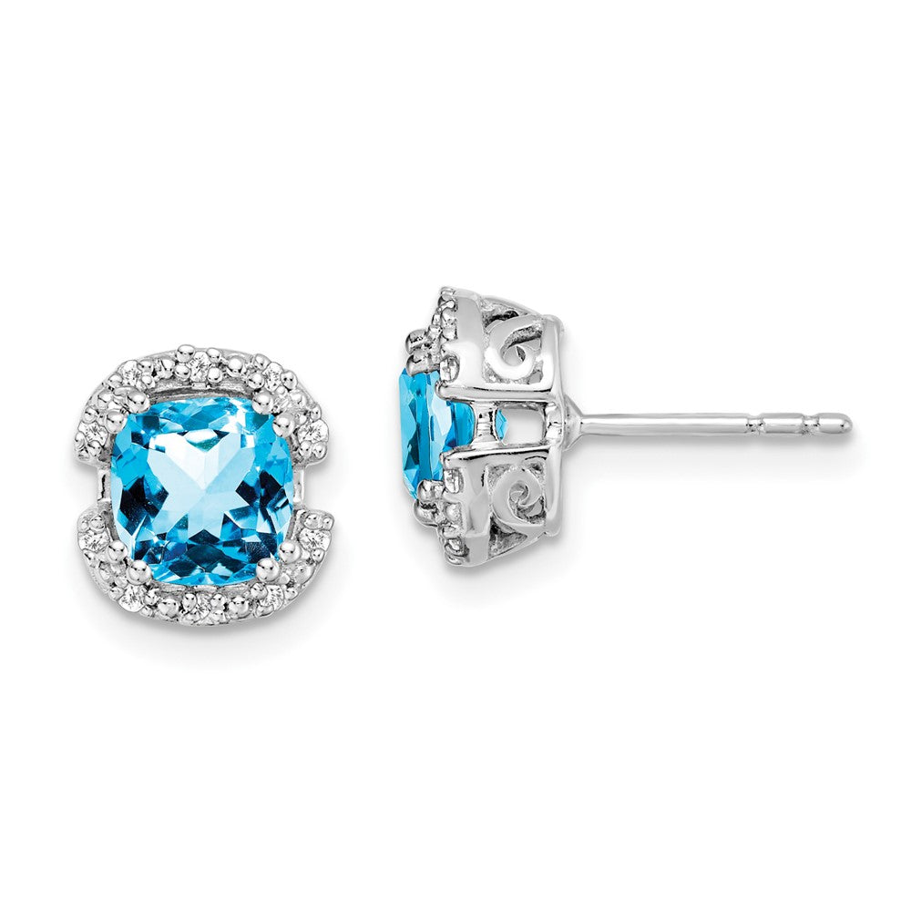 14k White Gold Cushion Blue Topaz and Diamond Halo Earrings