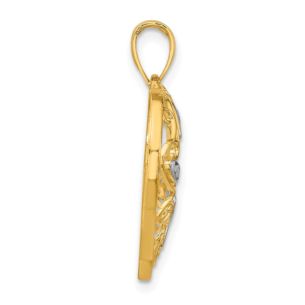 14k w/Rhodium Diamond-cut Filigree Heart Charm