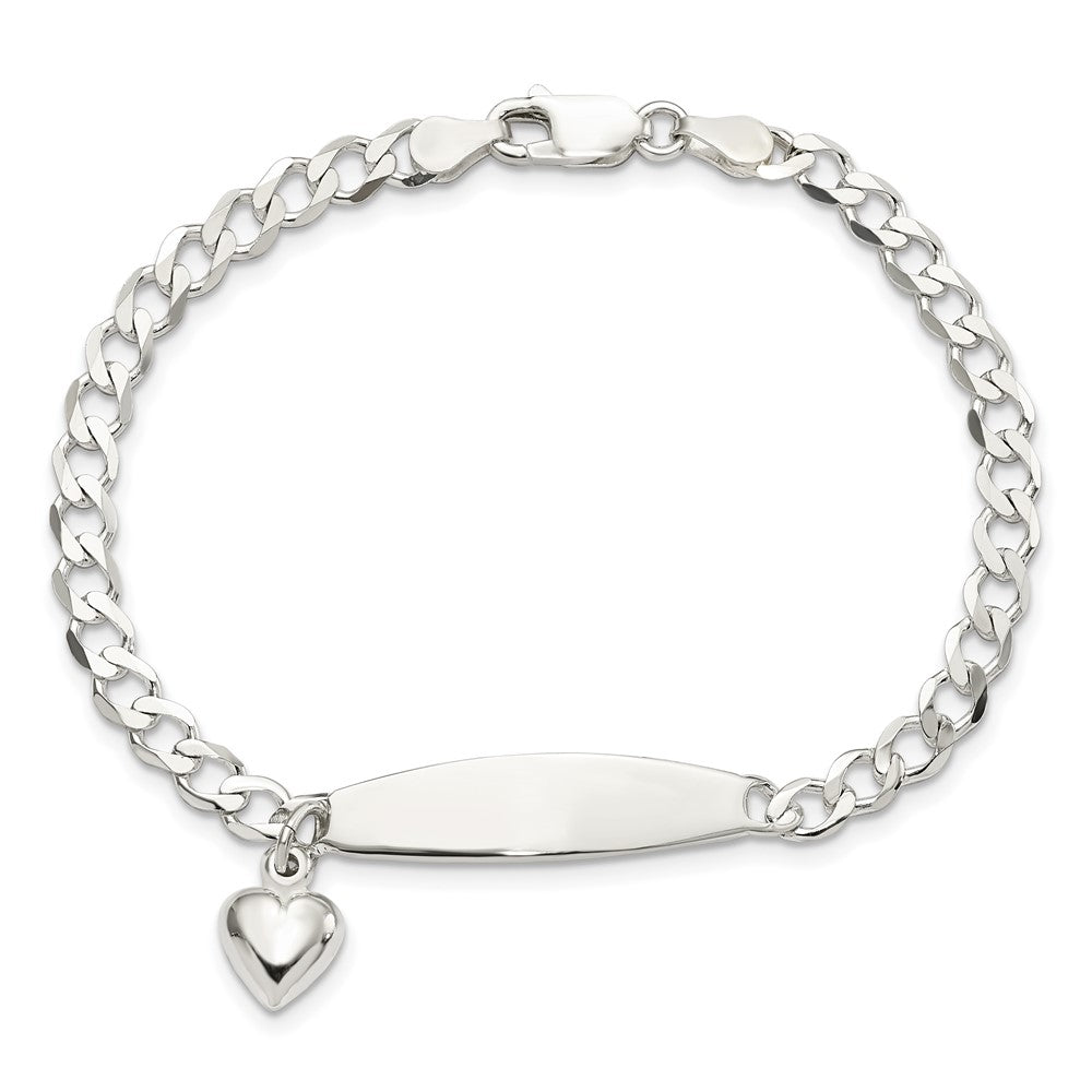 Sterling Silver Polished Curb Link ID Heart Dangle Bracelet 7.5 inches