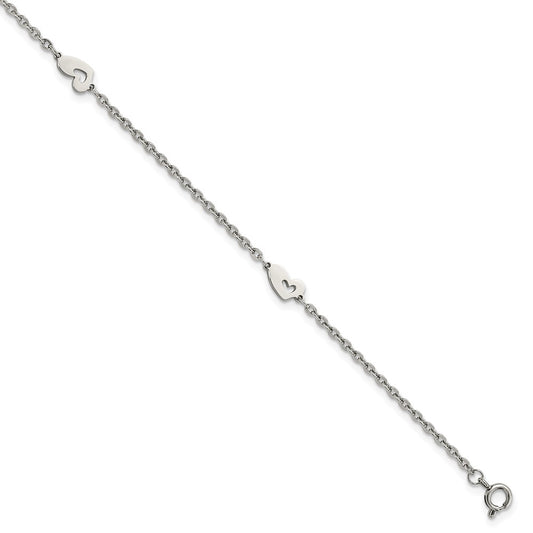 Stainless Steel Polished Hearts 9in Plus 1in ext Anklet