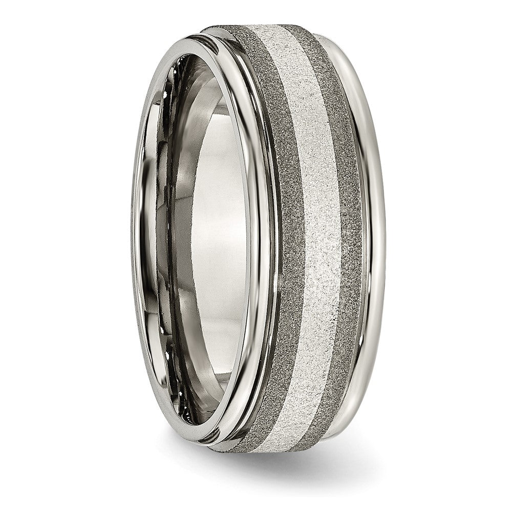 Titanium Polished w/Sterling Silver Inlay Stone Finish Center Grooved Band Size - 8