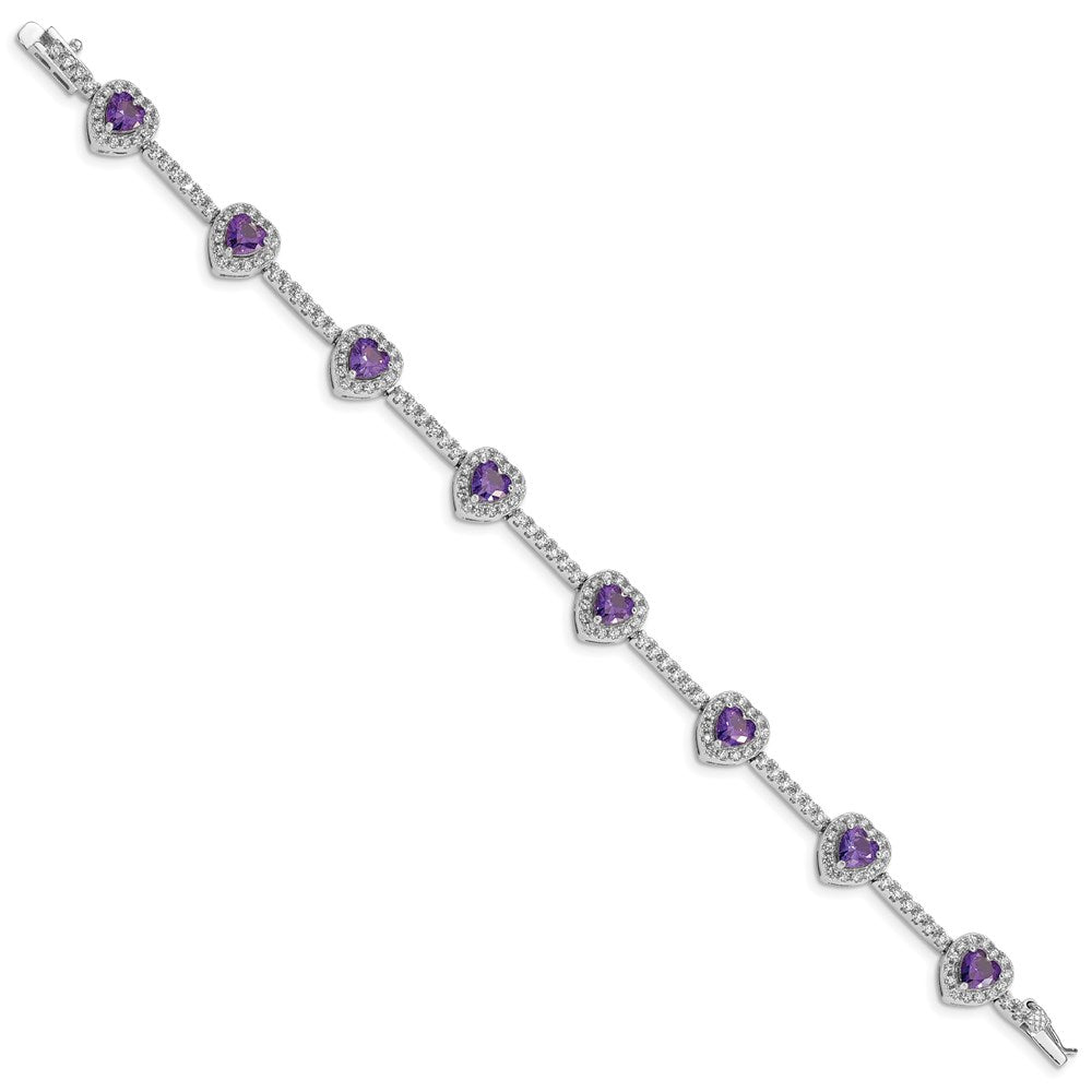 Sterling Silver Rhodium-plated Amethyst and Clear CZ Heart Bracelet 7 inches