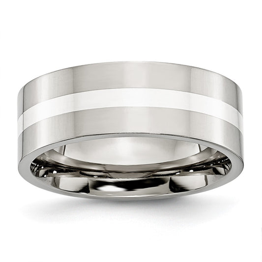 Stainless Steel w/Sterling Silver Inlay Polished 8mm Flat Band Size - 13