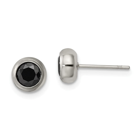 Stainless Steel Polished 5mm Bezel Black CZ Stud Post Earrings