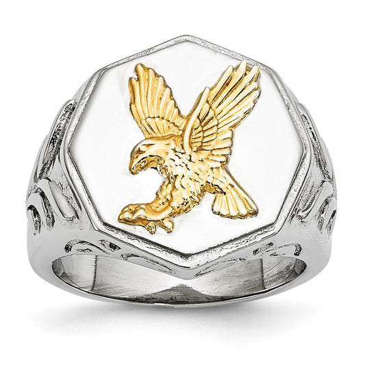 Stainless Steel Polished Yellow IP-plated w/Sterling Silver Eagle Ring Size - 10
