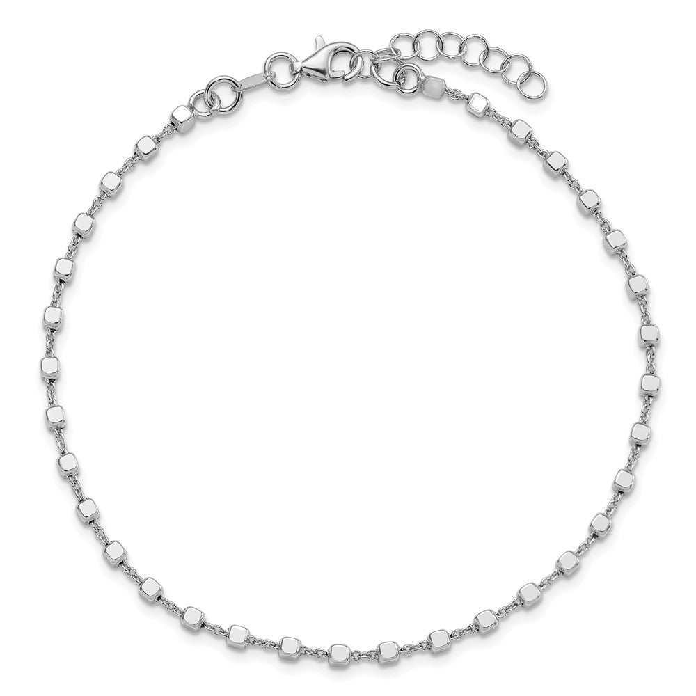 Sterling Silver Rh-plated Polished Cube Link with 1in. ext. Anklet