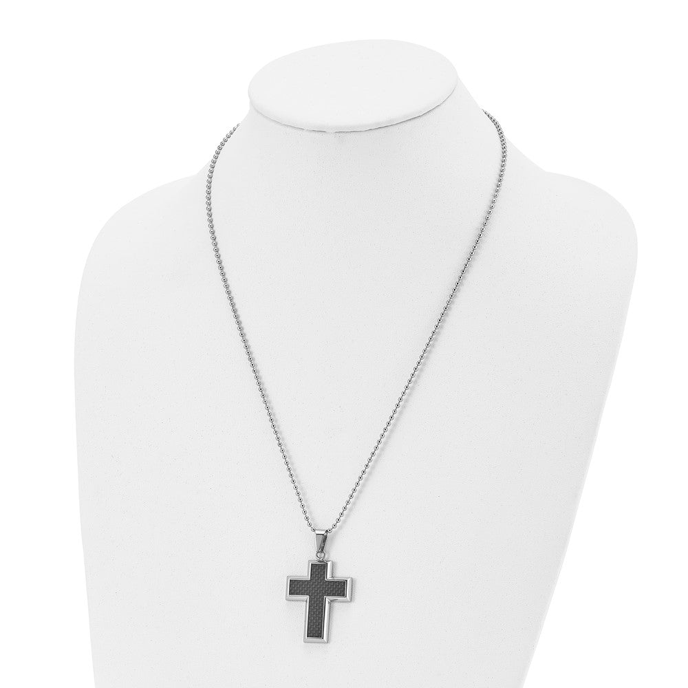 Stainless Steel Polished w/Carbon Fiber Inlay Cross 22in Necklace