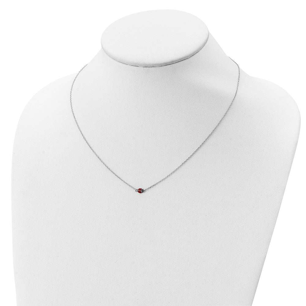 Sterling Silver Polished Red & Black Enameled Ladybug with 2 Inch Extension Children's Necklace 16 Inches