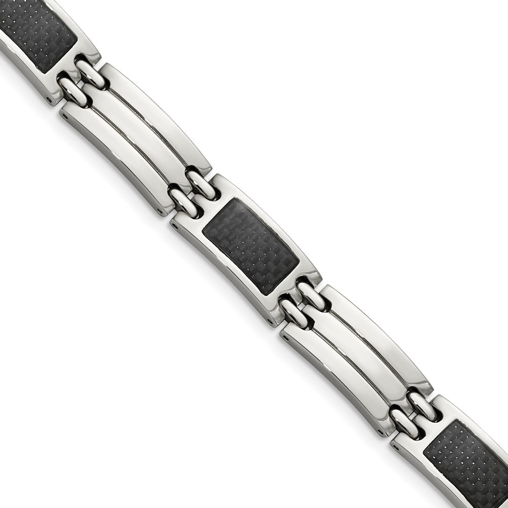Stainless Steel Brushed & Polished Black Carbon Fiber Inlay 8.5in Bracelet 8.5 inches