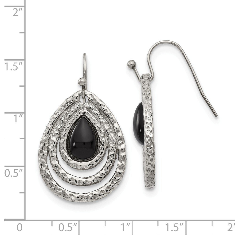 Stainless Steel Polished & Textured Black Onyx Shepherd Hook Earrings