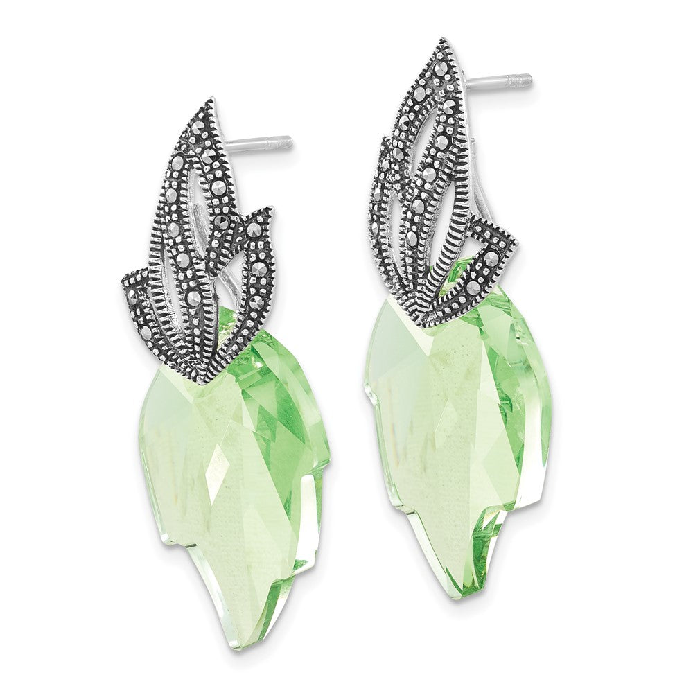 Sterling Silver Polished & Antiqued Marcasite & Crystal Leaf Post Dangle Earrings