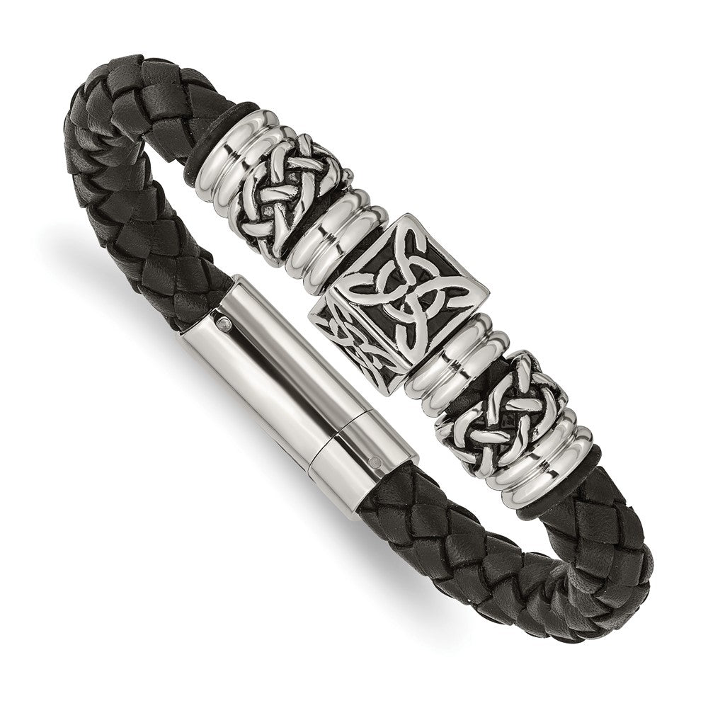 Stainless Steel Antiqued and Polished Black Leather 8.5in Bracelet 8.5 inches