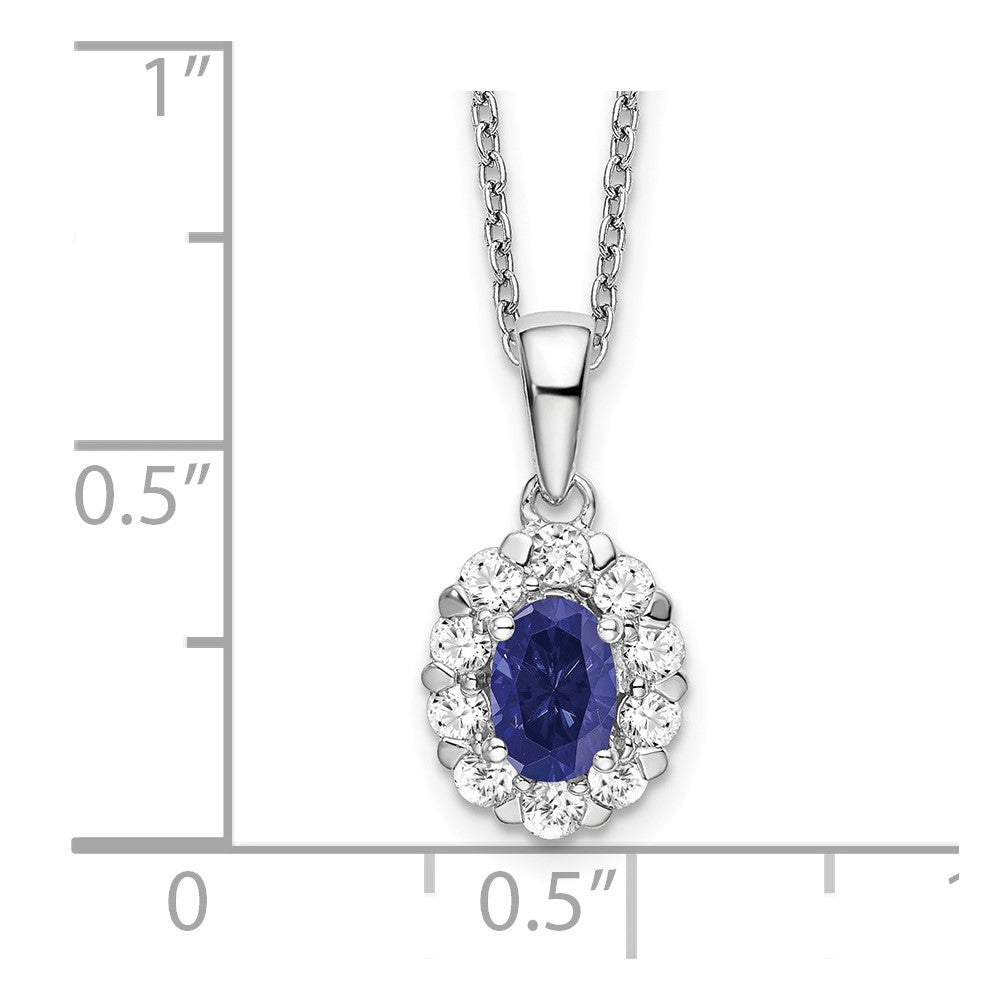 14k White Gold 1/2 carat Lab Grown Diamond VS/SI+ G+ and Oval Lab Created Blue Sapphire 18 inch Halo Pendant Necklace