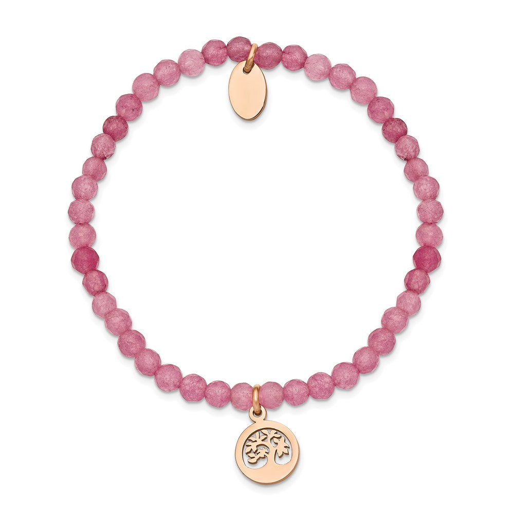Stainless Steel Polished Rose IP Tree Pink Jade Beaded Stretch Bracelet 6.25 inches