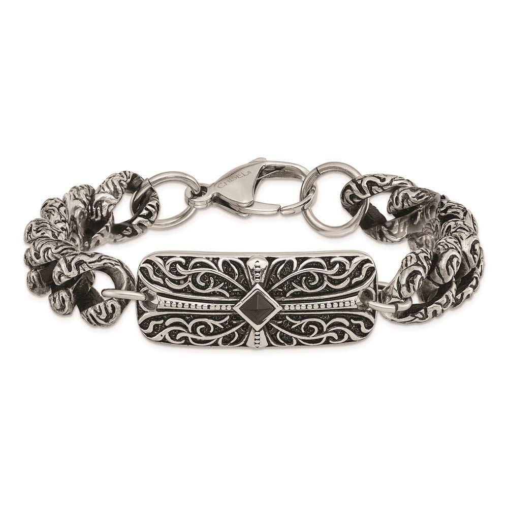 Stainless Steel Antiqued and Polished with Black Agate 9in Cross Bracelet 9 inches
