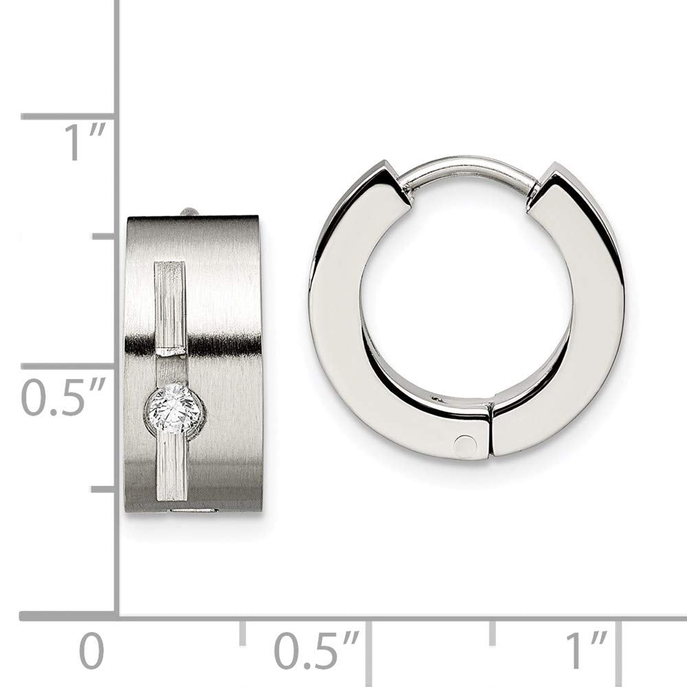 Stainless Steel Brushed & Polished w/CZ Round 7mm Hinged Hoop Earrings