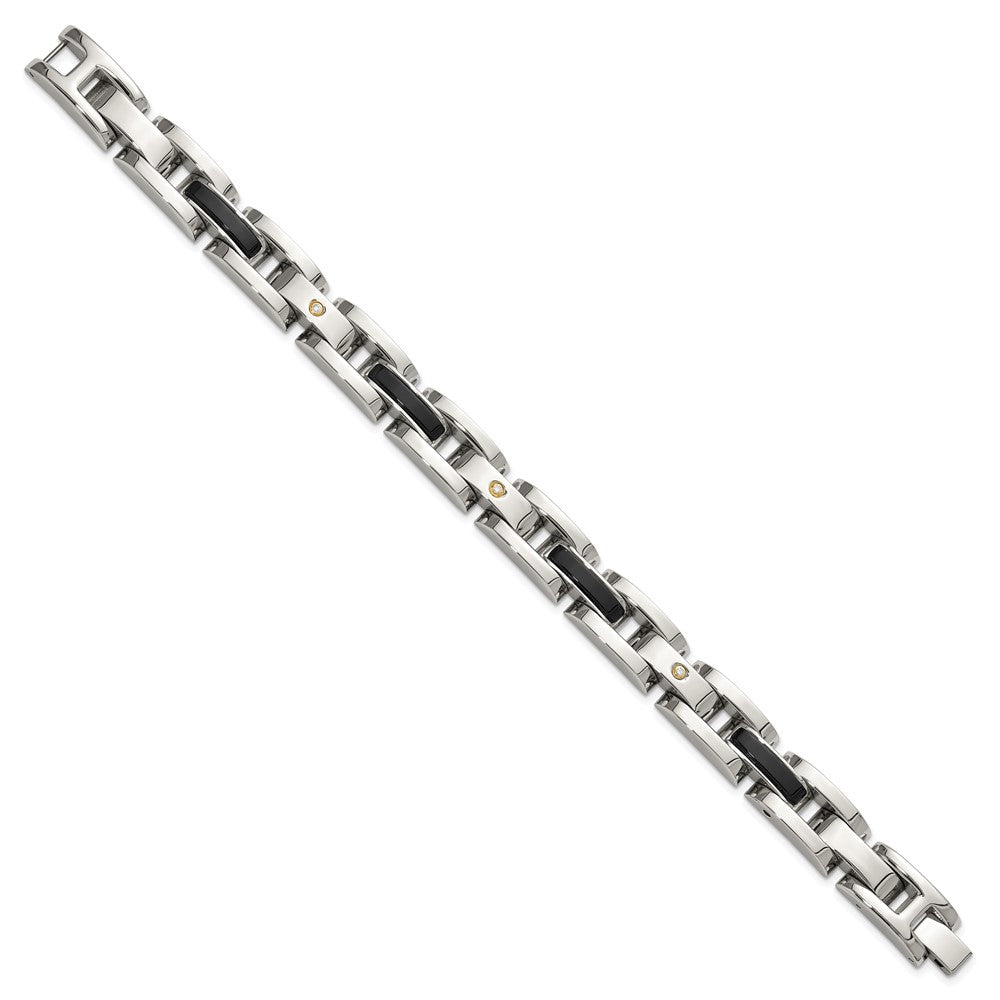 Chisel Stainless Steel Polished with 14K Gold Accent and 1/20ct. Diamond and Onyx 8.25 inch Link Bracelet 8.25 inches