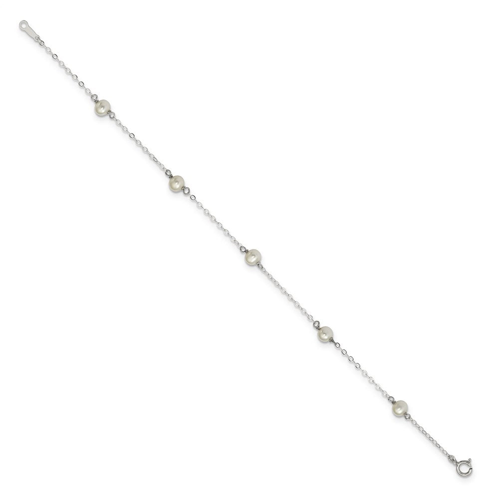 Sterling Silver Rhodium-plated 4-5mm White Semi-Round Freshwater Cultured Pearl 5-Station 7 inch Bracelet 7 inches