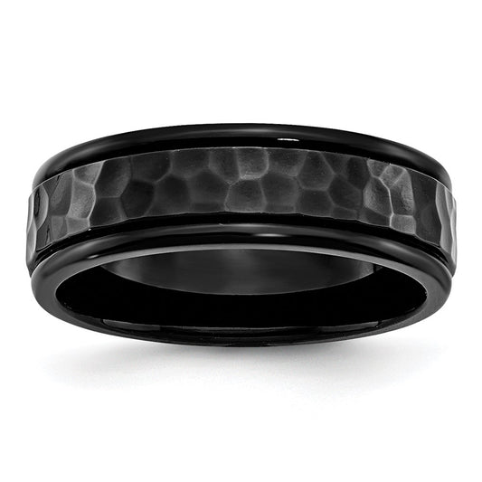 Stainless Steel Polished and Hammered Black IP-plated 7mm Band Size - 12