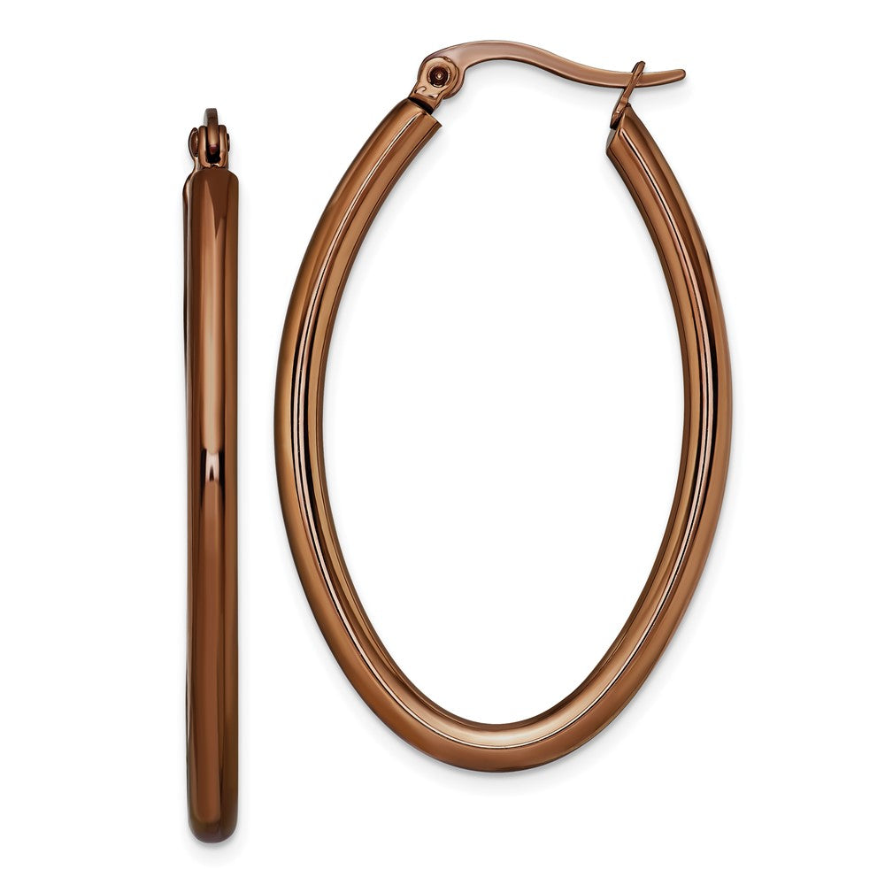 Stainless Steel Polished Brown IP 40mm Diameter Oval Hoop Earrings
