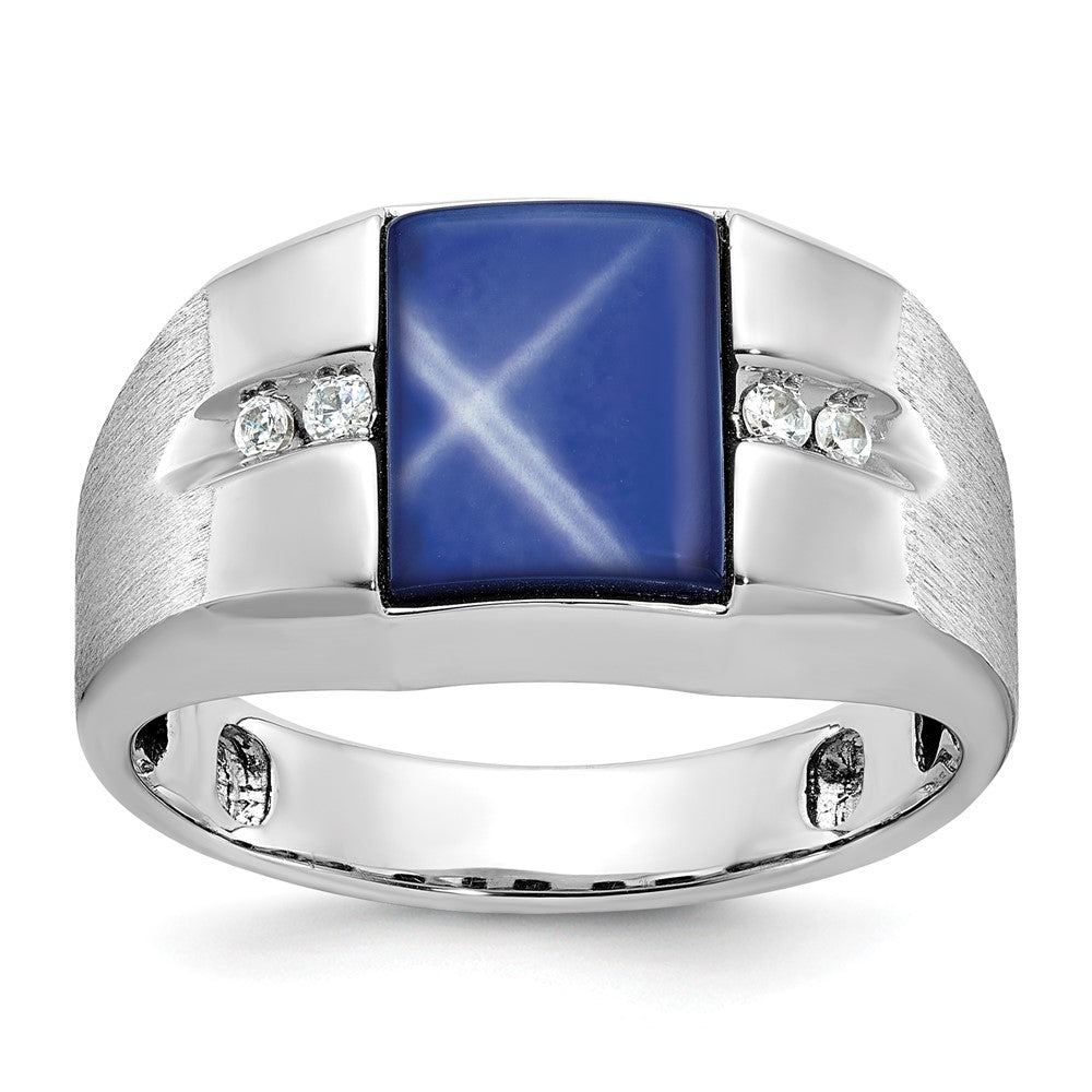 14k White Gold IBGoodman Men's Created Blue Star Sapphire and 1/15 carat Diamond Satin Complete Ring