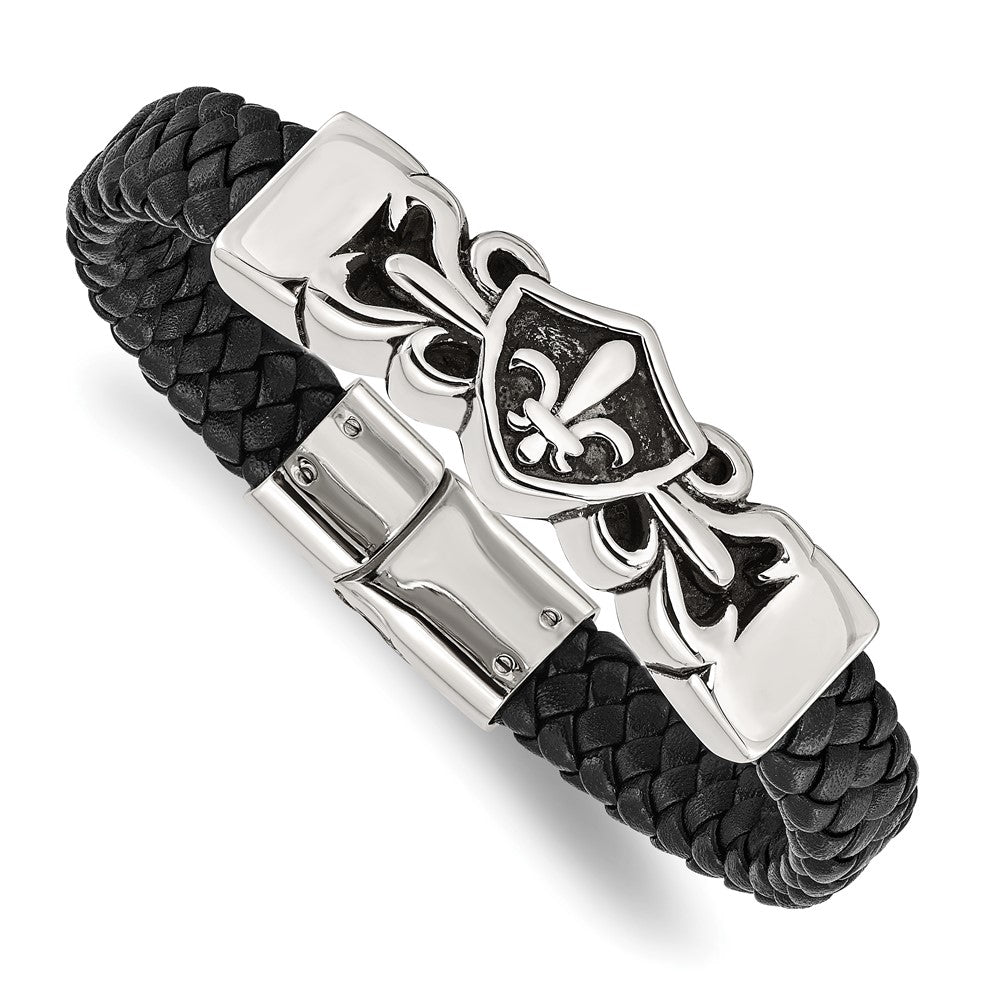 Stainless Steel Antiqued & Polished Fleur de Lis Black Leather Bracelet 8.25 inches