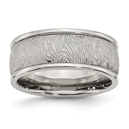 Stainless Steel Polished and Textured 9mm Rounded Edge Ring Size - 12