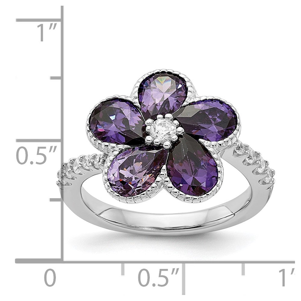 Cheryl M Sterling Silver Rhodium-plated Purple and White Brilliant-cut CZ Flower Ring