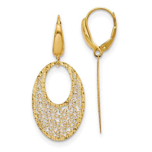14K Polished and Textured Floral Leverback Earrings